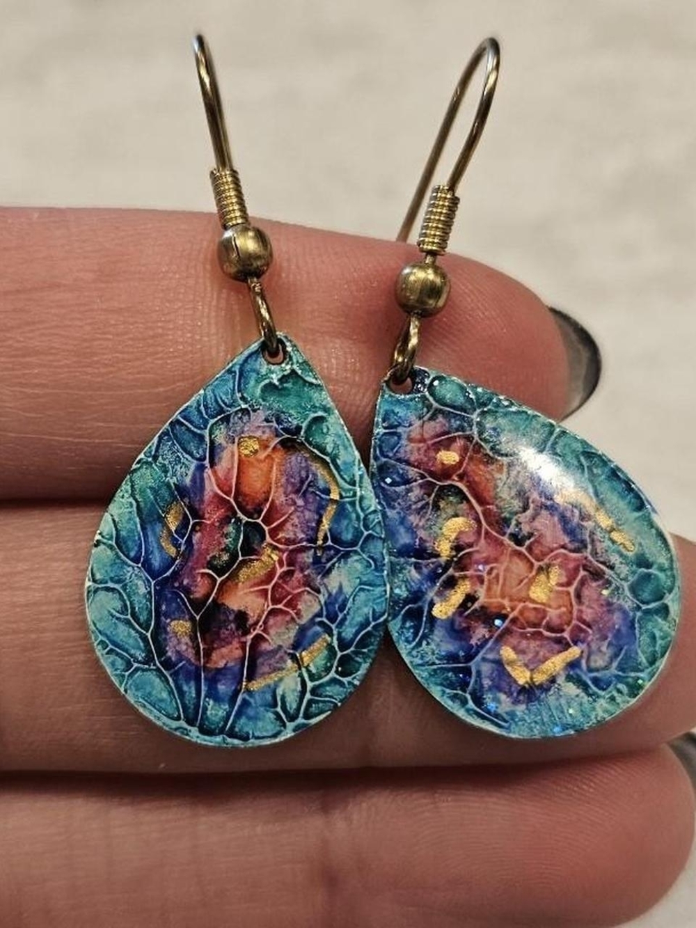 Vibrant Handmade Teardrop Multicolor Marble Enamel Earrings Glitter Gold Accents